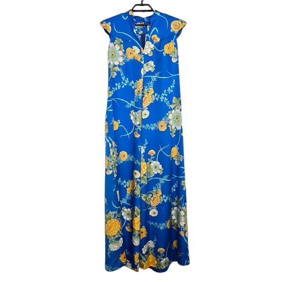 Vintage Malama Sophisticates Hawaiian Dress Long Floral Blue Size Small Medium - Picture 1 of 4